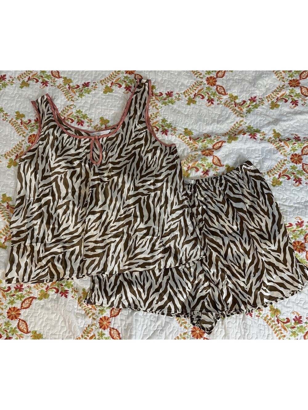Sexy Sensual Cacique Tan & Brown Keyhole Zebra Print Silky Shorts PJ Set 26/ 28